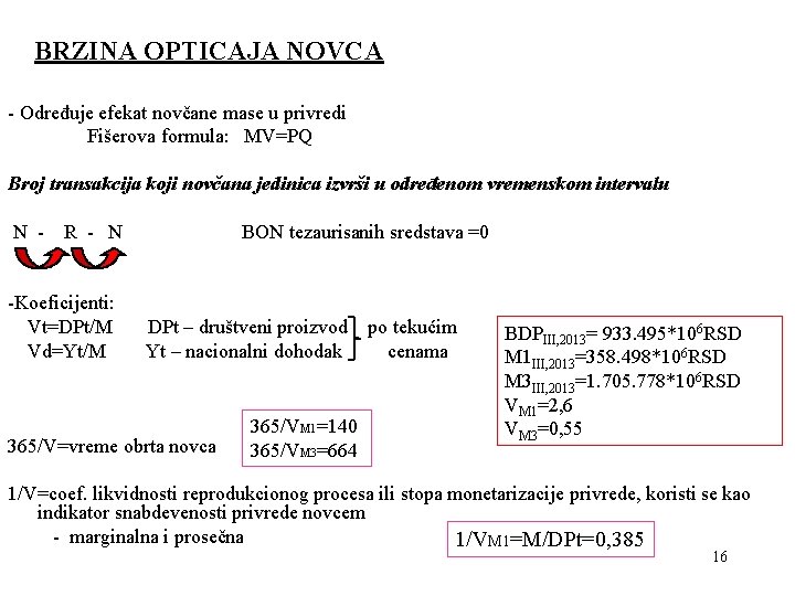 BRZINA OPTICAJA NOVCA - Određuje efekat novčane mase u privredi Fišerova formula: MV=PQ Broj