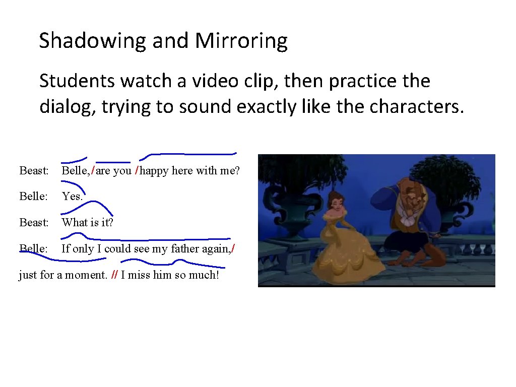 Shadowing and Mirroring Students watch a video clip, then practice the dialog, trying to Shadowing and Mirroring Students watch a video clip, then practice the dialog, trying to