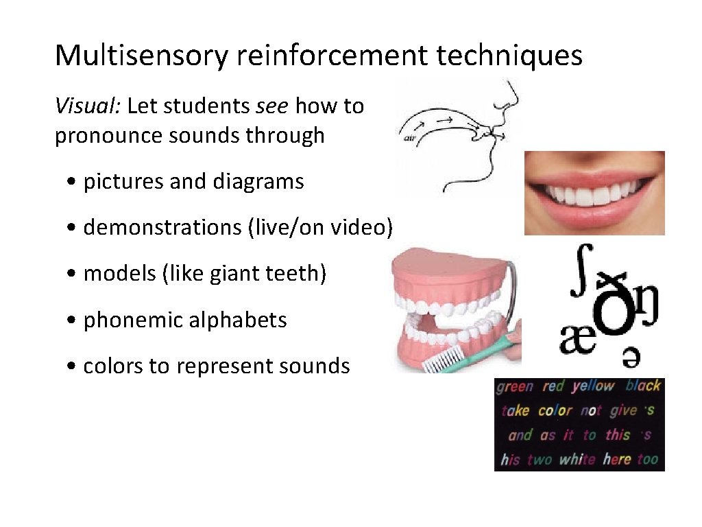 Multisensory reinforcement techniques Visual: Let students see how to pronounce sounds through • pictures Multisensory reinforcement techniques Visual: Let students see how to pronounce sounds through • pictures