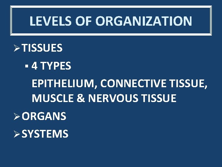 LEVELS OF ORGANIZATION Ø TISSUES § 4 TYPES EPITHELIUM, CONNECTIVE TISSUE, MUSCLE & NERVOUS