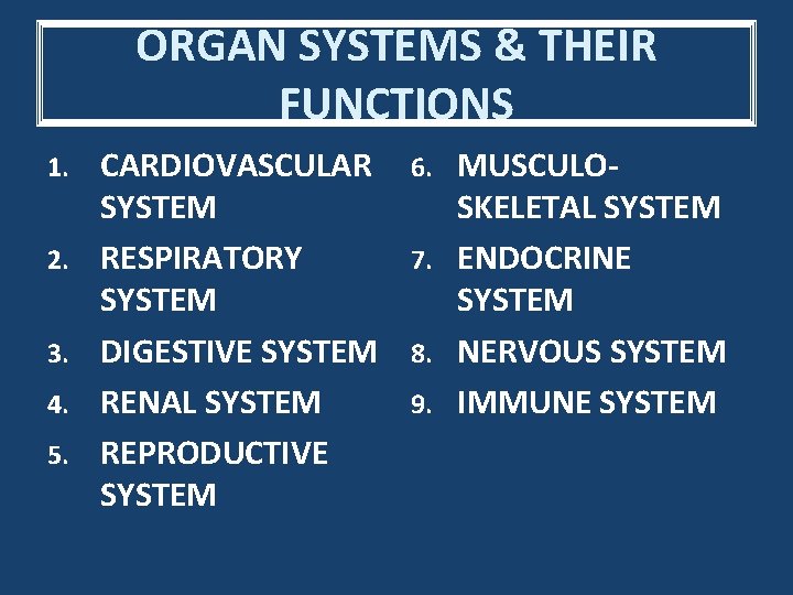 ORGAN SYSTEMS & THEIR FUNCTIONS 1. 2. 3. 4. 5. CARDIOVASCULAR SYSTEM RESPIRATORY SYSTEM