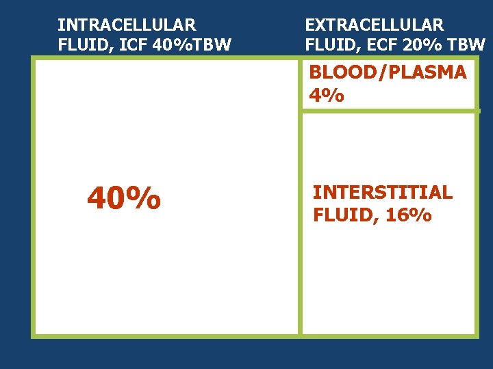 INTRACELLULAR FLUID, ICF 40%TBW EXTRACELLULAR FLUID, ECF 20% TBW BLOOD/PLASMA 4% 40% INTERSTITIAL FLUID,