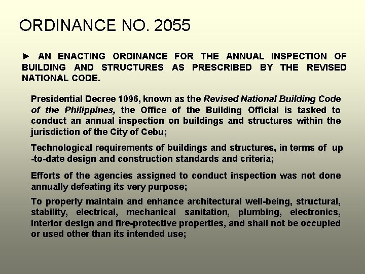 ORDINANCE NO. 2055 ► AN ENACTING ORDINANCE FOR THE ANNUAL INSPECTION OF BUILDING AND ORDINANCE NO. 2055 ► AN ENACTING ORDINANCE FOR THE ANNUAL INSPECTION OF BUILDING AND
