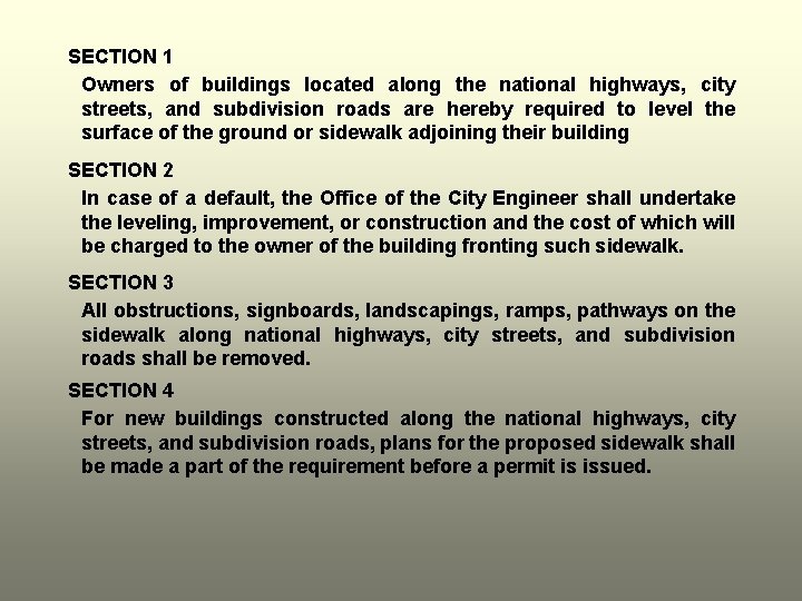 SECTION 1 Owners of buildings located along the national highways, city streets, and subdivision SECTION 1 Owners of buildings located along the national highways, city streets, and subdivision