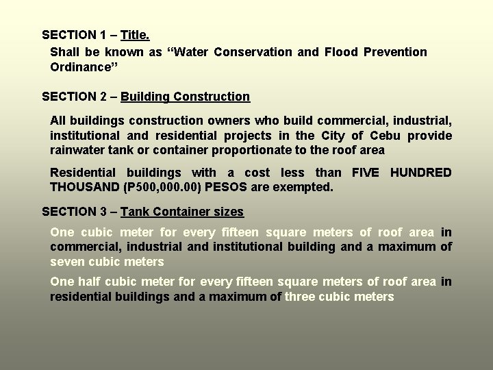 SECTION 1 – Title. Shall be known as “Water Conservation and Flood Prevention Ordinance” SECTION 1 – Title. Shall be known as “Water Conservation and Flood Prevention Ordinance”