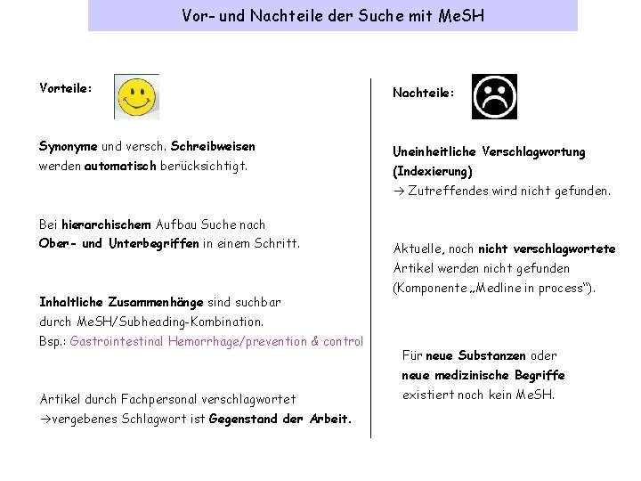 Vor- und Nachteile der Suche mit Me. SH Vorteile: Nachteile: Synonyme und versch. Schreibweisen