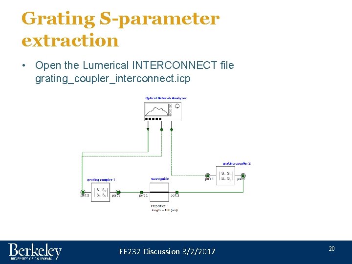 Grating S-parameter extraction • Open the Lumerical INTERCONNECT file grating_coupler_interconnect. icp EE 232 Discussion Grating S-parameter extraction • Open the Lumerical INTERCONNECT file grating_coupler_interconnect. icp EE 232 Discussion