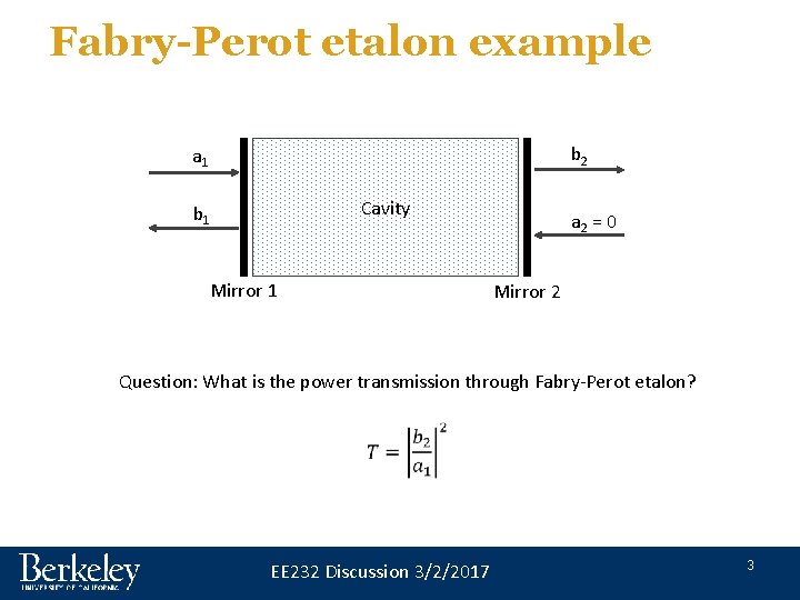 Fabry-Perot etalon example b 2 a 1 Cavity b 1 Mirror 1 a 2 Fabry-Perot etalon example b 2 a 1 Cavity b 1 Mirror 1 a 2
