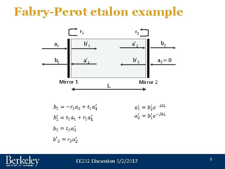 Fabry-Perot etalon example r 1 r 2 a 1 b’ 1 a’ 2 b Fabry-Perot etalon example r 1 r 2 a 1 b’ 1 a’ 2 b