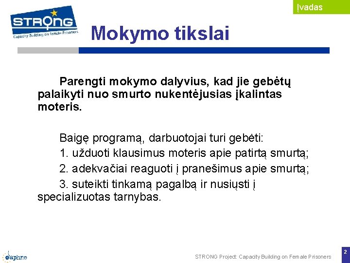 Įvadas Mokymo tikslai Parengti mokymo dalyvius, kad jie gebėtų palaikyti nuo smurto nukentėjusias įkalintas Įvadas Mokymo tikslai Parengti mokymo dalyvius, kad jie gebėtų palaikyti nuo smurto nukentėjusias įkalintas