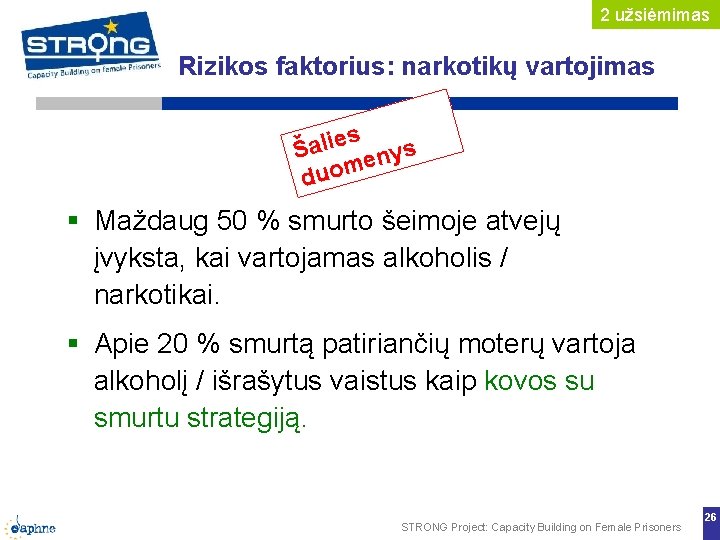 2 užsiėmimas Rizikos faktorius: narkotikų vartojimas s Šalie enys duom Maždaug 50 % smurto 2 užsiėmimas Rizikos faktorius: narkotikų vartojimas s Šalie enys duom Maždaug 50 % smurto