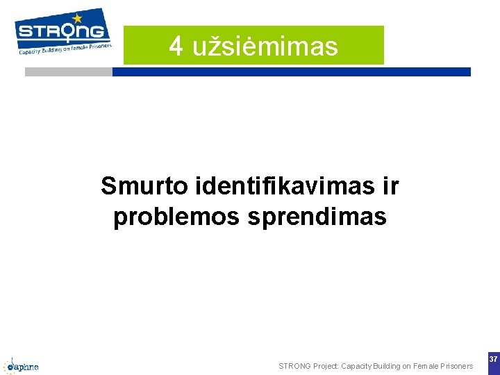 4 užsiėmimas Smurto identifikavimas ir problemos sprendimas STRONG Project: Capacity Building on Female Prisoners