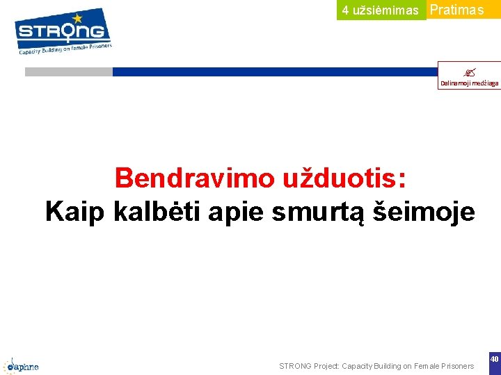 4 užsiėmimas Pratimas Dalinamoji medžiaga Bendravimo užduotis: Kaip kalbėti apie smurtą šeimoje STRONG Project: