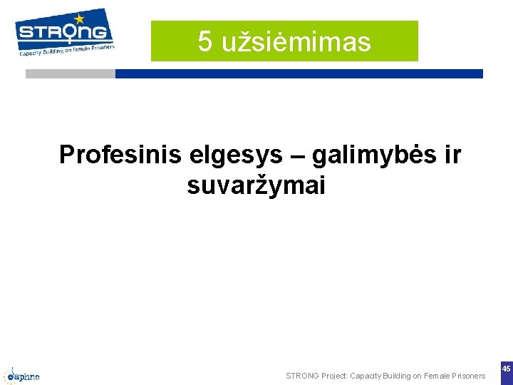 5 užsiėmimas Profesinis elgesys – galimybės ir suvaržymai STRONG Project: Capacity Building on Female