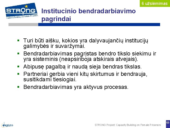 6 užsiėmimas Institucinio bendradarbiavimo pagrindai Turi būti aišku, kokios yra dalyvaujančių institucijų galimybės ir