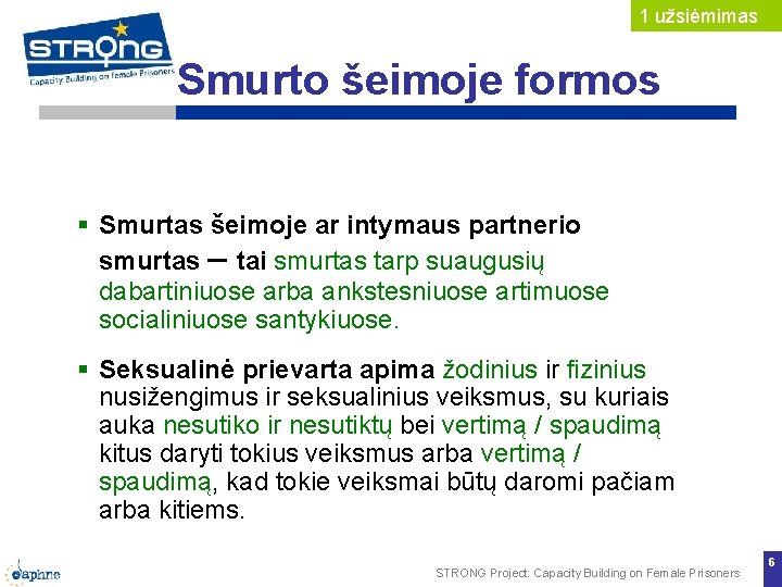 1 užsiėmimas Smurto šeimoje formos Smurtas šeimoje ar intymaus partnerio smurtas – tai smurtas