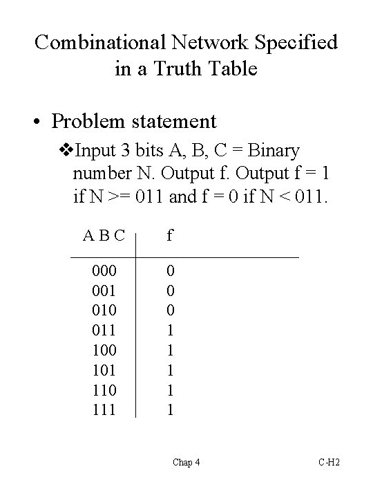 Combinational Network Specified in a Truth Table • Problem statement v. Input 3 bits