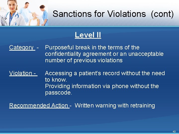 Sanctions for Violations (cont) Level II Category - Purposeful break in the terms of