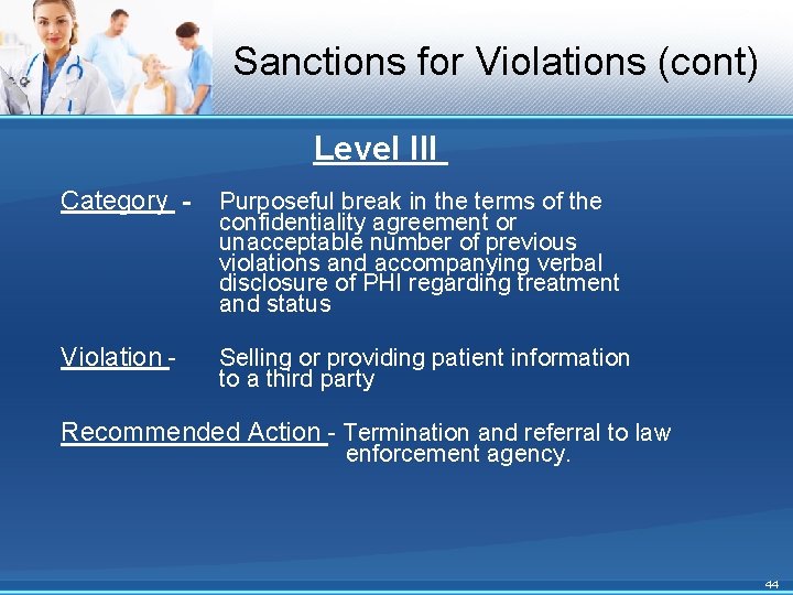 Sanctions for Violations (cont) Level III Category - Purposeful break in the terms of