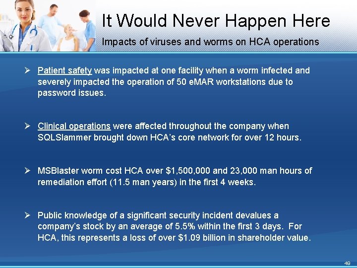 It Would Never Happen Here Impacts of viruses and worms on HCA operations Ø