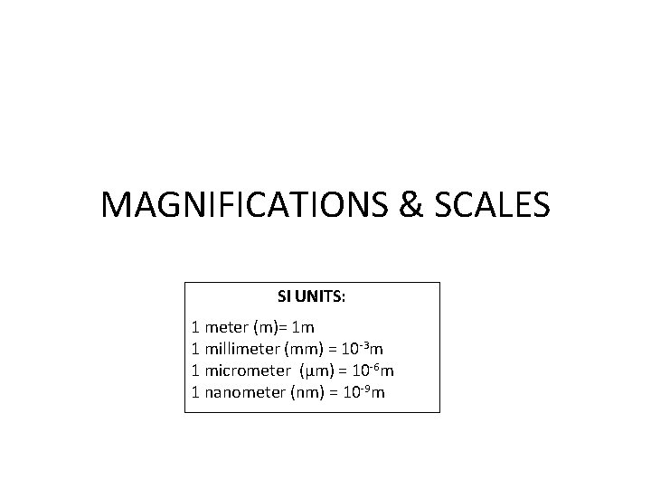 MAGNIFICATIONS & SCALES SI UNITS: 1 meter (m)= 1 m 1 millimeter (mm) = MAGNIFICATIONS & SCALES SI UNITS: 1 meter (m)= 1 m 1 millimeter (mm) =