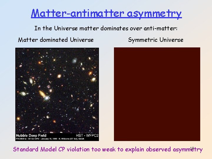 Matter-antimatter asymmetry In the Universe matter dominates over anti-matter: Matter dominated Universe Symmetric Universe