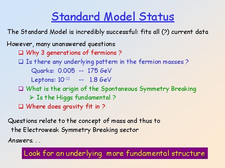 Standard Model Status The Standard Model is incredibly successful: fits all (? ) current