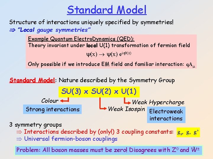 Standard Model Structure of interactions uniquely specified by symmetries! ”Local gauge symmetries” Example Quantum