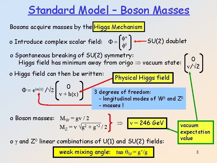 Standard Model – Boson Masses Bosons acquire masses by the Higgs Mechanism f+ o