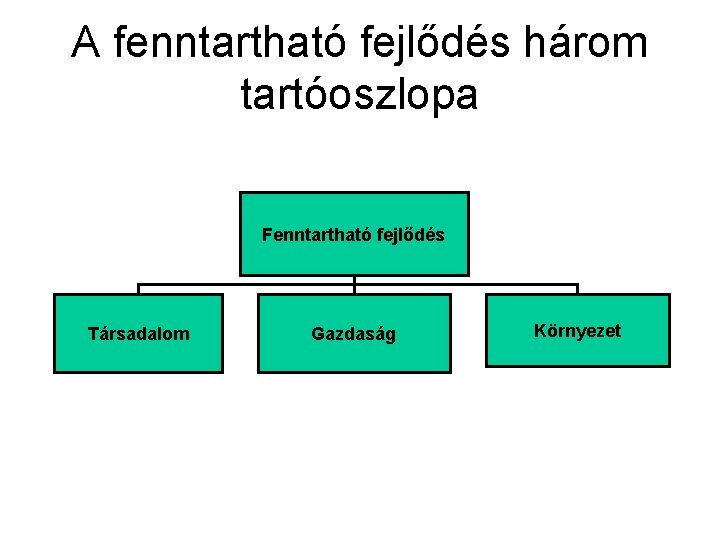 A fenntartható fejlődés három tartóoszlopa Fenntartható fejlődés Társadalom Gazdaság Környezet 