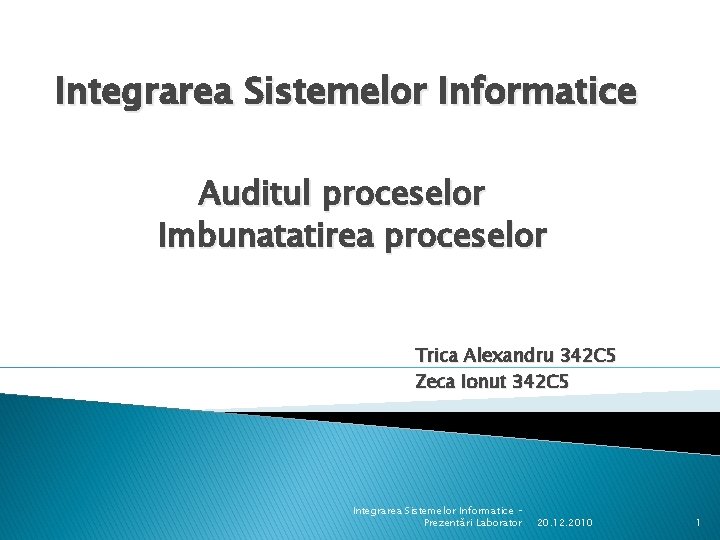 Integrarea Sistemelor Informatice Auditul proceselor Imbunatatirea proceselor Trica Alexandru 342 C 5 Zeca Ionut