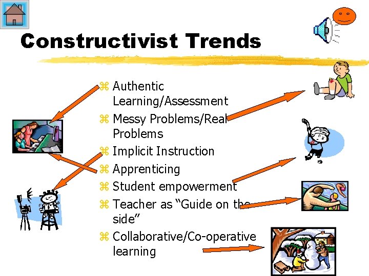 Constructivist Trends z Authentic Learning/Assessment z Messy Problems/Real Problems z Implicit Instruction z Apprenticing