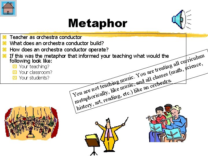 Metaphor z z Teacher as orchestra conductor What does an orchestra conductor build? How