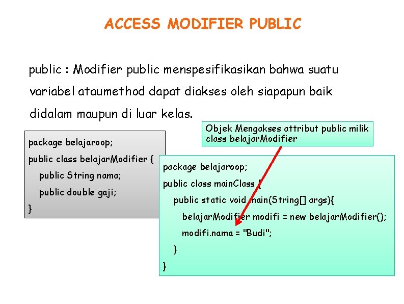 ACCESS MODIFIER PUBLIC public : Modifier public menspesifikasikan bahwa suatu variabel ataumethod dapat diakses