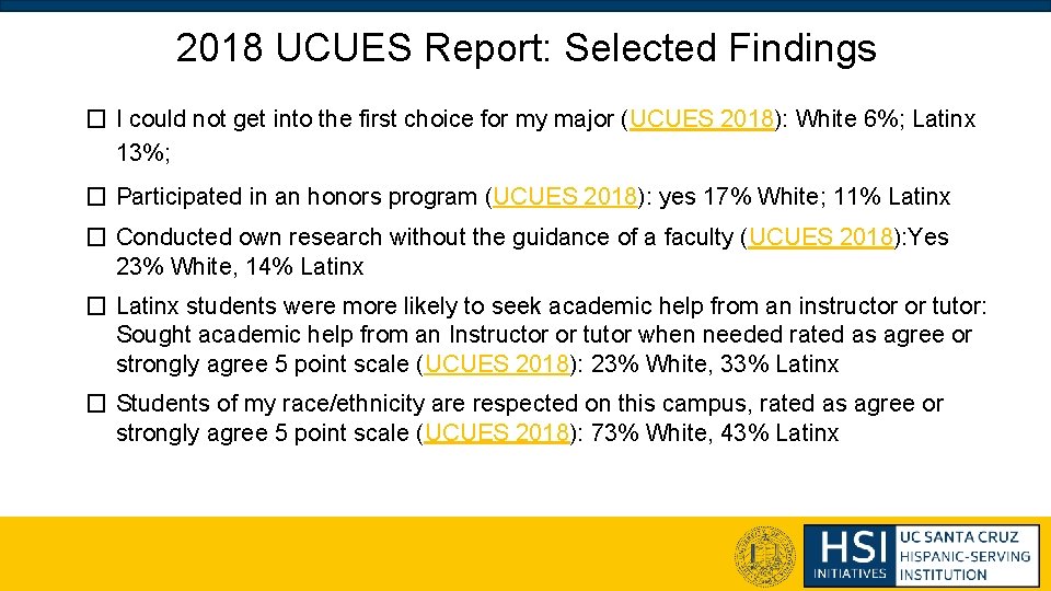 2018 UCUES Report: Selected Findings � I could not get into the first choice