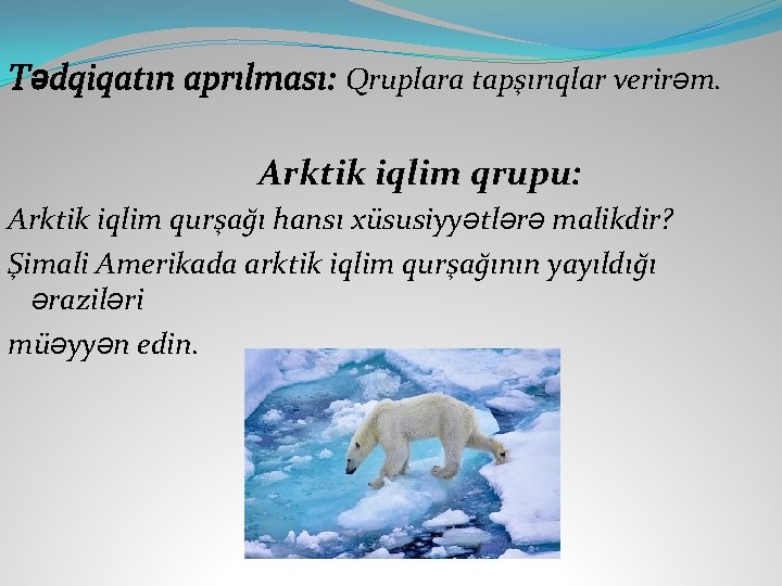 Tədqiqatın aprılması: Qruplara tapşırıqlar verirəm. Arktik iqlim qrupu: Arktik iqlim qurşağı hansı xüsusiyyətlərə malikdir?