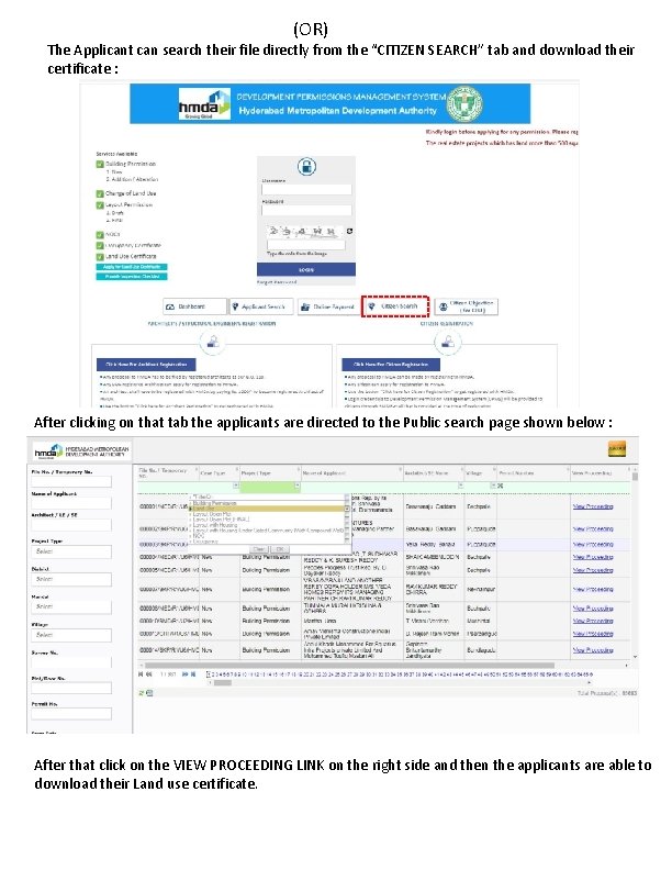 (OR) The Applicant can search their file directly from the “CITIZEN SEARCH” tab and