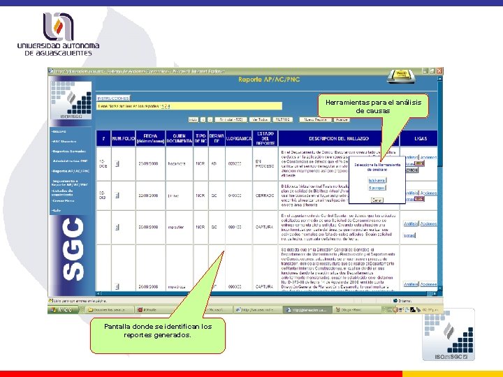 Herramientas para el análisis de causas Pantalla donde se identifican los reportes generados. 