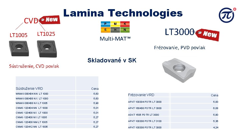 CVD LT 1005 Lamina Technologies LT 1025 LT 3000 Multi-MAT™ Frézovanie, PVD povlak Sústruženie, CVD LT 1005 Lamina Technologies LT 1025 LT 3000 Multi-MAT™ Frézovanie, PVD povlak Sústruženie,
