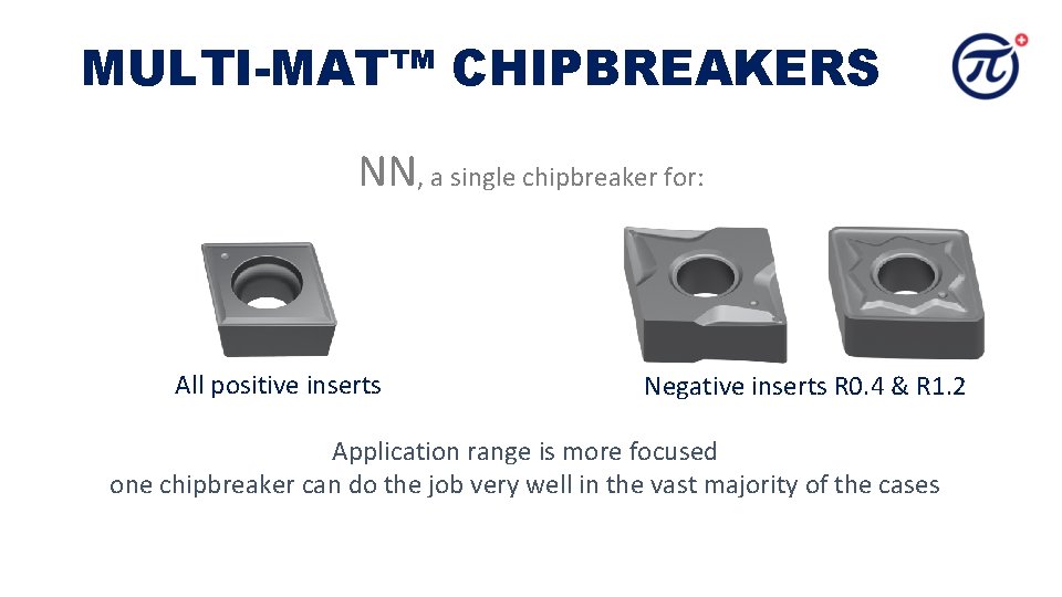 MULTI-MAT™ CHIPBREAKERS NN, a single chipbreaker for: All positive inserts Negative inserts R 0. MULTI-MAT™ CHIPBREAKERS NN, a single chipbreaker for: All positive inserts Negative inserts R 0.