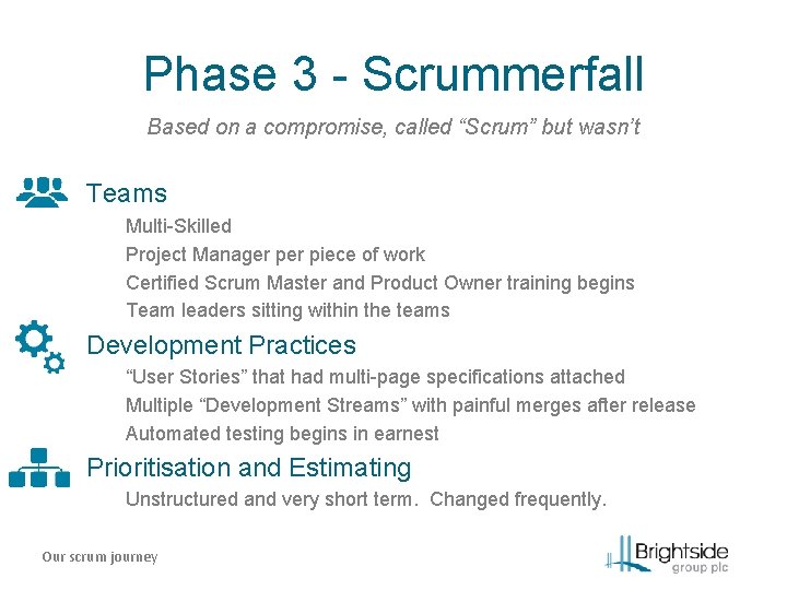 Phase 3 - Scrummerfall Based on a compromise, called “Scrum” but wasn’t Teams Multi-Skilled