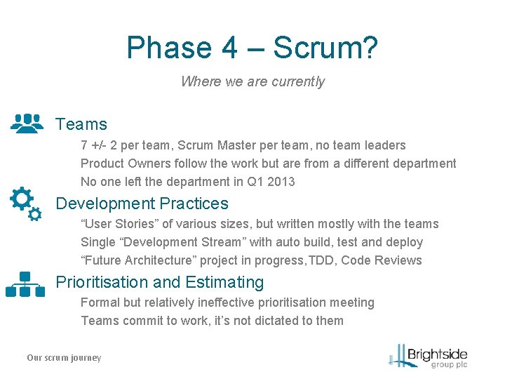 Phase 4 – Scrum? Where we are currently Teams 7 +/- 2 per team,