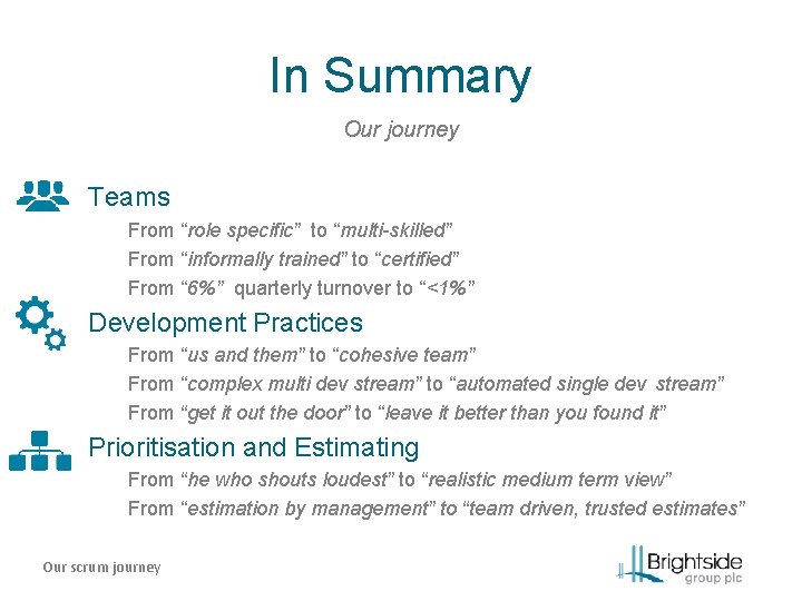 In Summary Our journey Teams From “role specific” to “multi-skilled” From “informally trained” to