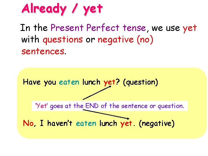 Already / yet In the Present Perfect tense, we use yet with questions or