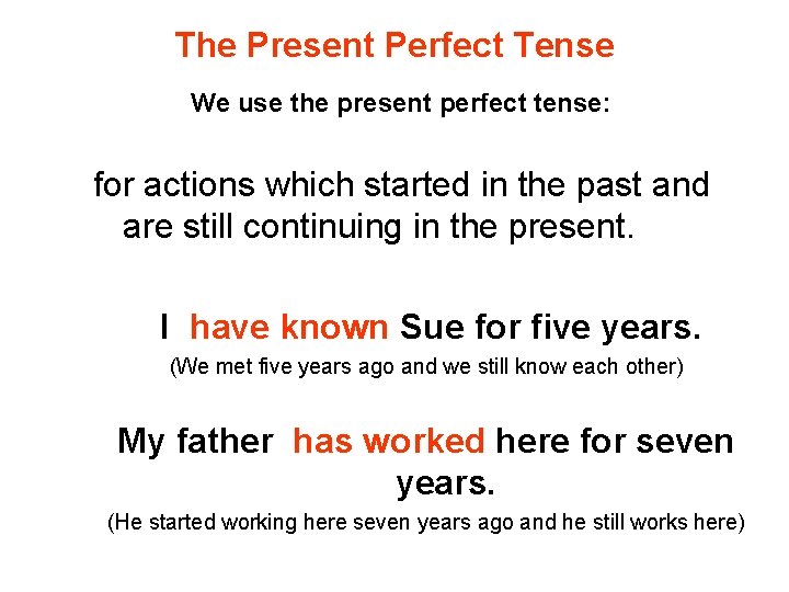 The Present Perfect Tense We use the present perfect tense: for actions which started