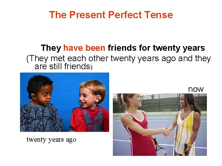 The Present Perfect Tense They have been friends for twenty years (They met each