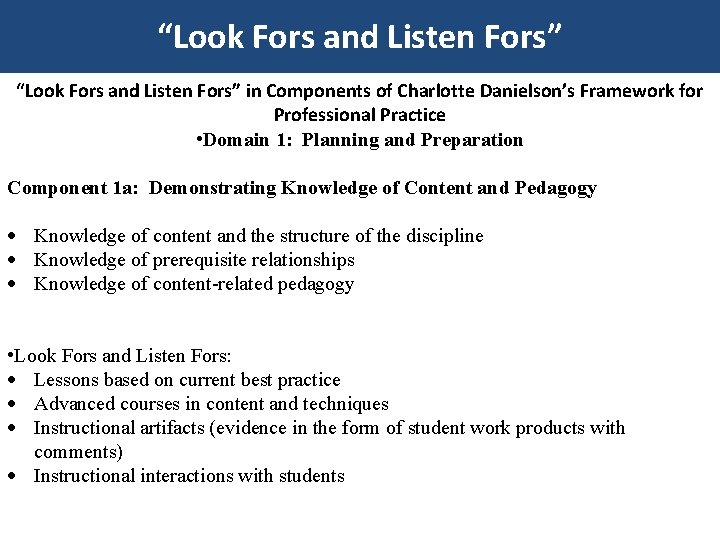 “Look Fors and Listen Fors” in Components of Charlotte Danielson’s Framework for Professional Practice