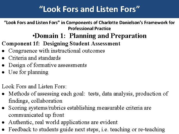 “Look Fors and Listen Fors” in Components of Charlotte Danielson’s Framework for Professional Practice