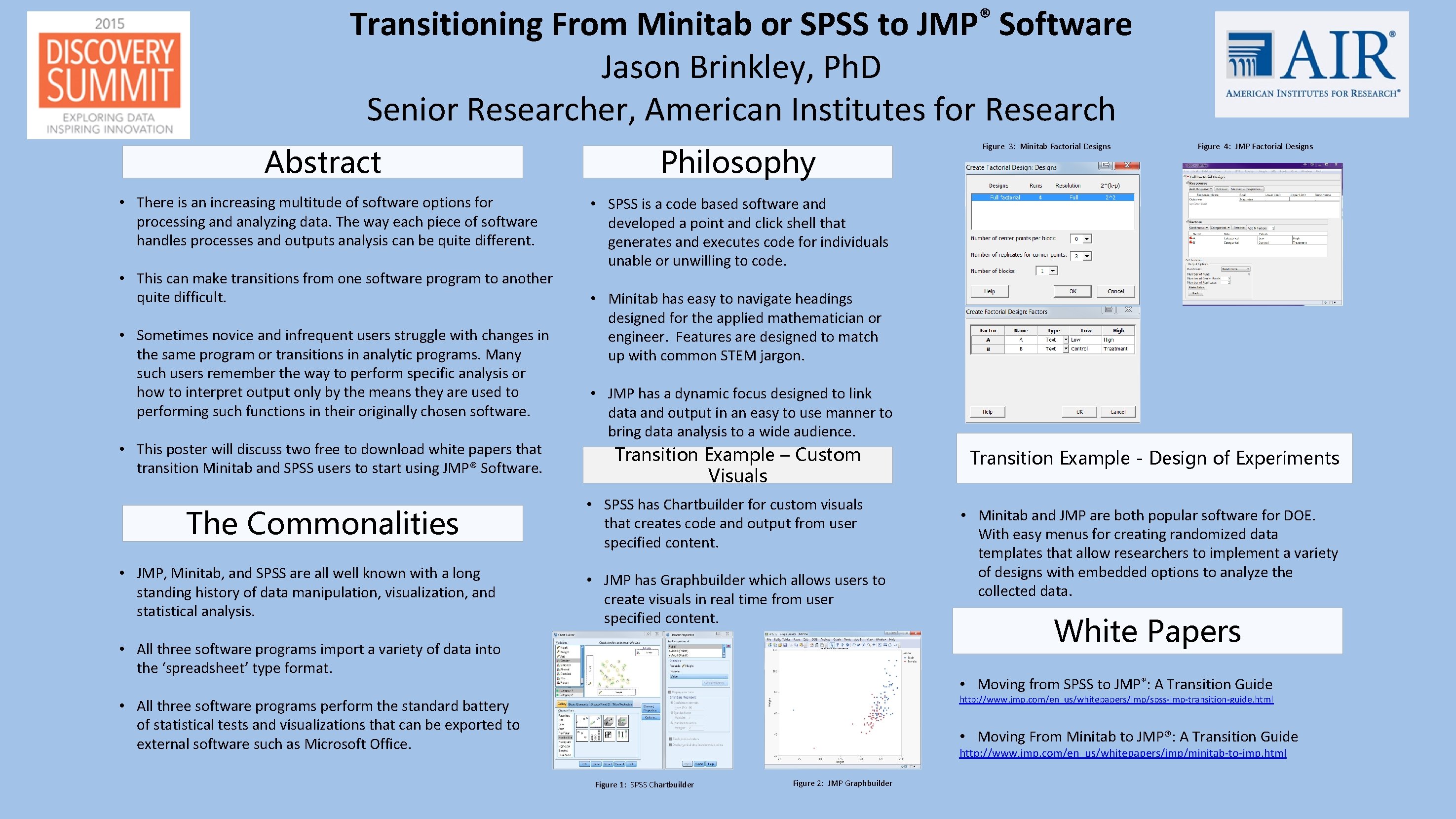 ® Transitioning From Minitab or SPSS to JMP Software Jason Brinkley, Ph. D Senior