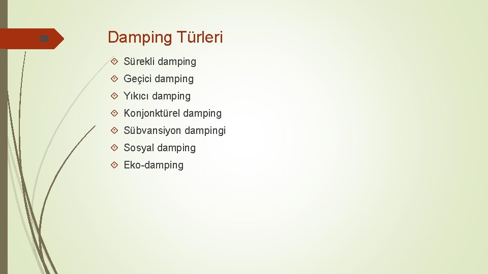 28 Damping Türleri Sürekli damping Geçici damping Yıkıcı damping Konjonktürel damping Sübvansiyon dampingi Sosyal